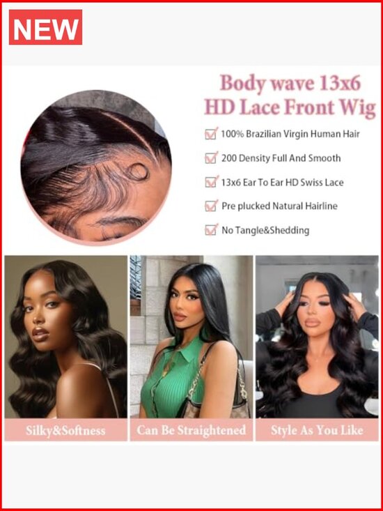13x6 Lace Front Human Hair Wig 200% Density Body Wave HD Lace Pre Plucked main image 5